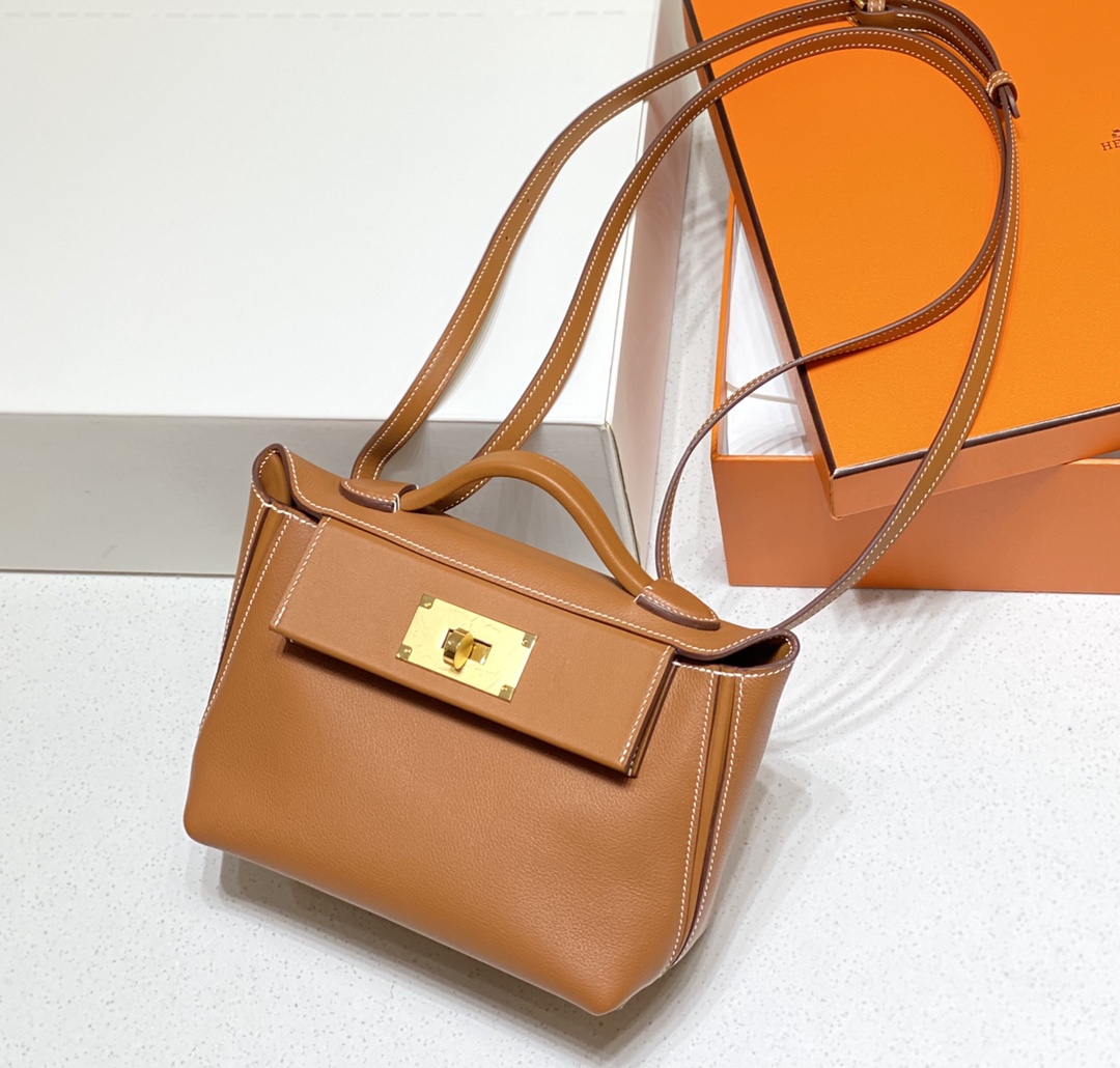 Hermes Kelly Mini 2424 21cm Handbag in Brown Clemence Leather 